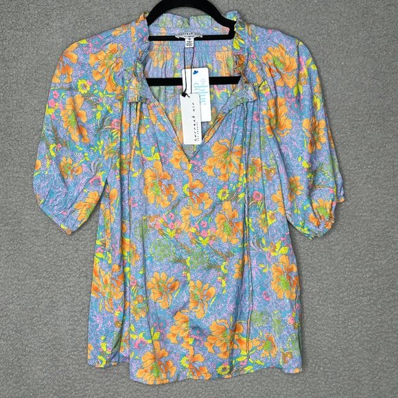 Current Air Tops - Current Air Shirt Top Womens Size XS Blue Orange Ruffle Split Neck Boho Floral
